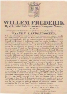 Proclamatie van Willem Frederik, Prince van Orange en Nassau, bij zijn aankomst in Scheveningen op 30 november 1813.