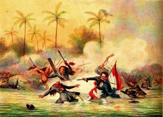 Nederlanders in gevecht met Ambonezen bij het eiland Sapoera in de Molukken. Een 17-jarige adelborst redt de Nederlandse vlag. Tekening Q.M.R. Verhuell, ca. 1817)