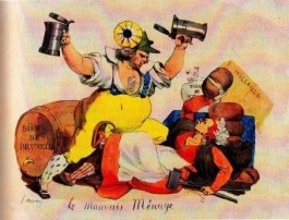 'Het armoedige huishouden'. Spotprent op de moeizame vereniging van Nederland een België: een Belgische biertapper in gevecht met een Hollandser kaasvrouw. (Spotprent door Ouvraij, ca. 1830)