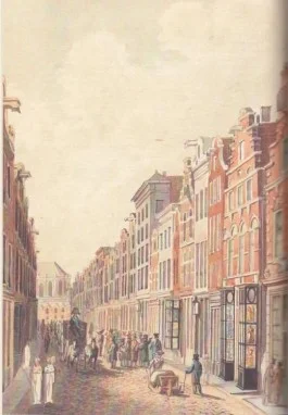 De Kalverstraat in Amsterdam, gezien naar de Dam. (Tekening door T. Tozelli, ca. 1820)