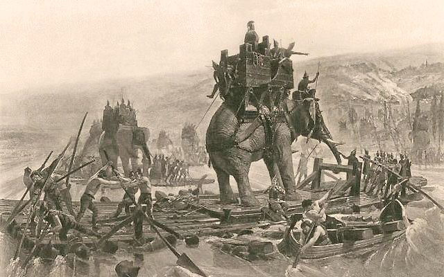 Hannibal steekt de Rhodanus (Rhône) over, op de rug van een olifant (Henri Motte, 1878)
