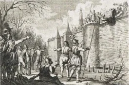 Haarlemmers rollen een ton met elf hoofden van Spanjaarden over de muur. Illustratie Harmanus Vinkeles (1788)