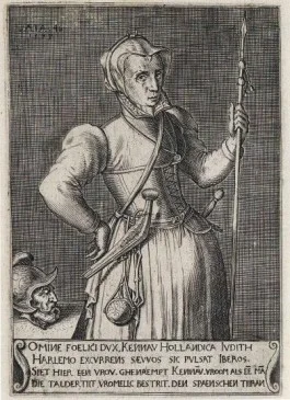 Portret van een gewapende Kenau met het afgehakte hoofd van ee Spanjaard. Volgens een aantekening van een tijdgenoot bij de afbeelding was ze in werkelijkheid 'volder' (dikker). Gravure (1573) van onbekende kunstenaar.