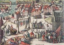 Na de overgave van Haarlem werden de militaire tegenstanders geëxecuteerd.  Ets Frans Hogenberg (1573).