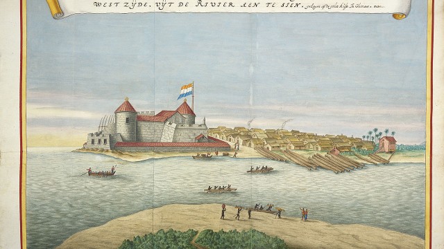 Het fort Elmina in Ghana; het centrum van de Nederlandse slavenhandel. (Illustratie Atlas van der Hem)