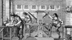 Toen de drukker begreep dat de inhoud godslasterlijk was, zette hij de pers stop waarop 'Het Ligt schijnende...' werd gedrukt. Plaatdrukkerij op een ets van Abraham Bosse. (1643)