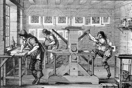 Toen de drukker begreep dat de inhoud godslasterlijk was, zette hij de pers stop waarop 'Het Ligt schijnende...' werd gedrukt. Plaatdrukkerij op een ets van Abraham Bosse. (1643)