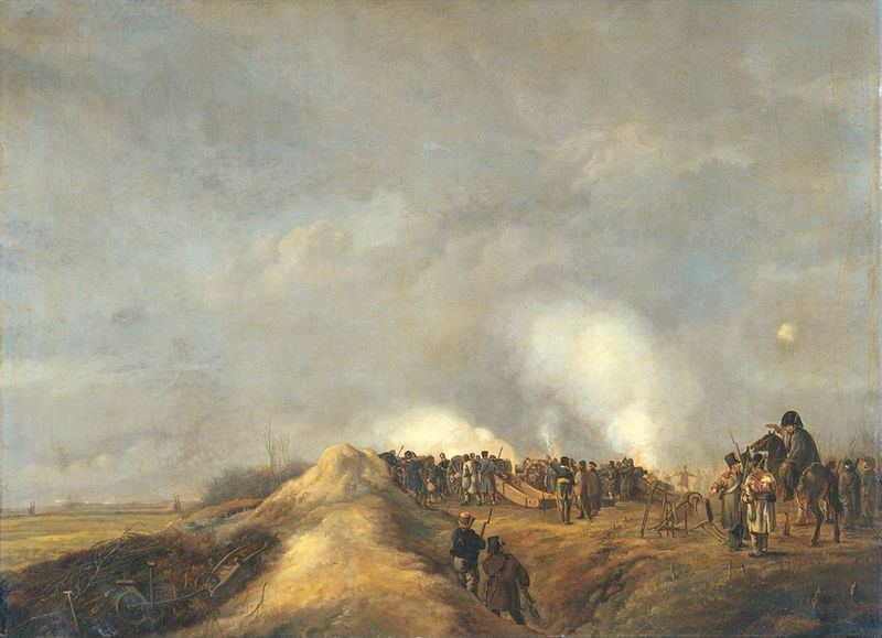 Het beschieten van Naarden vanaf een schans bij Kommerrust op 4 april 1814. Olieverf op doek (60 cm – 80 cm) door Pieter Gerardus van Os uit 1814. (Rijksmuseum)
