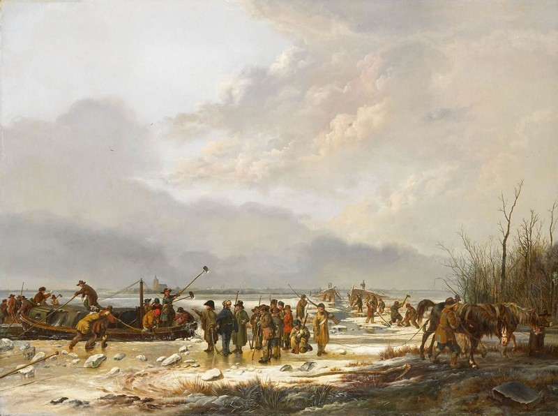 Het doorijzen van de Karnemelksloot bij Naarden, januari 1814. Olieverf op doek (99 cm – 131 cm) door Pieter Gerardus van Os uit 1814/1815. Collectie Rijksmuseum te Amsterdam.