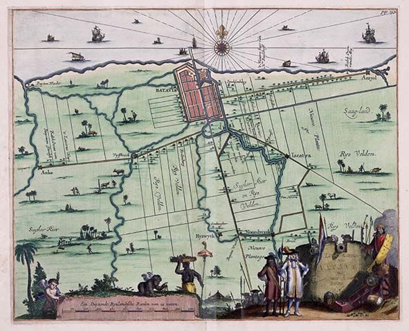 Kaart van Batavia en omgeving uit de Atlas van der Hagen, deel 4. Ingekleurde koperdruk, 1682. Collectie Koninklijke Bibliotheek.