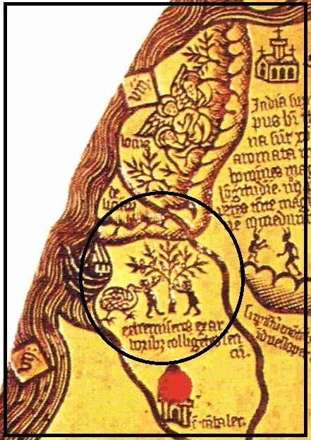 Borgia map (detail), c. 1430, met een enkele loopvogel (dodo). Links de ark van Noach.