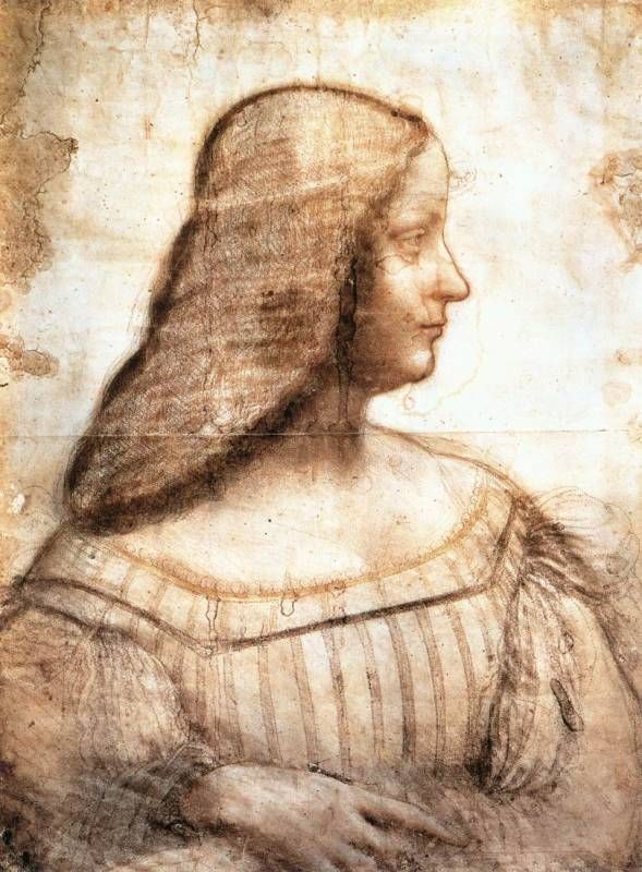 Leonardo da Vinci, portret van  Isabella d' Este met haarnet (1500), 63cm x 46cm. Louvre.