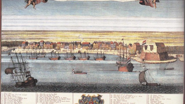 De Rede van Paramaribo met rechts het Fort Zeelandia. Ingekleurde gravure, 18e eeuw. Atlas van Stolk.