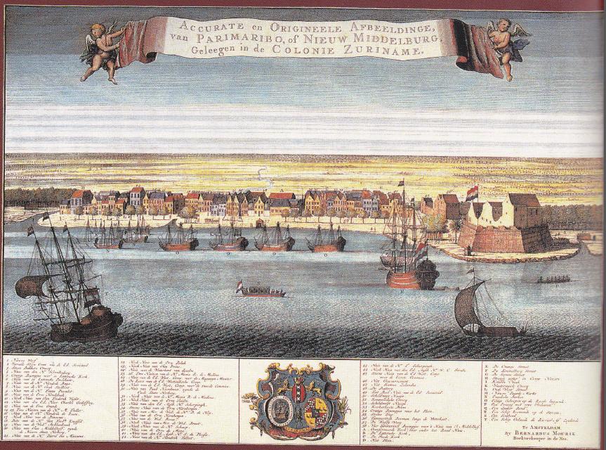 De Rede van Paramaribo met rechts het Fort Zeelandia. Ingekleurde gravure, 18e eeuw. Atlas van Stolk.