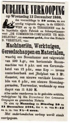 Advertentie voor de publieke verkoop in 1888, waarop de eigendommen van de MCC tegen contante betaling worden aangeboden.