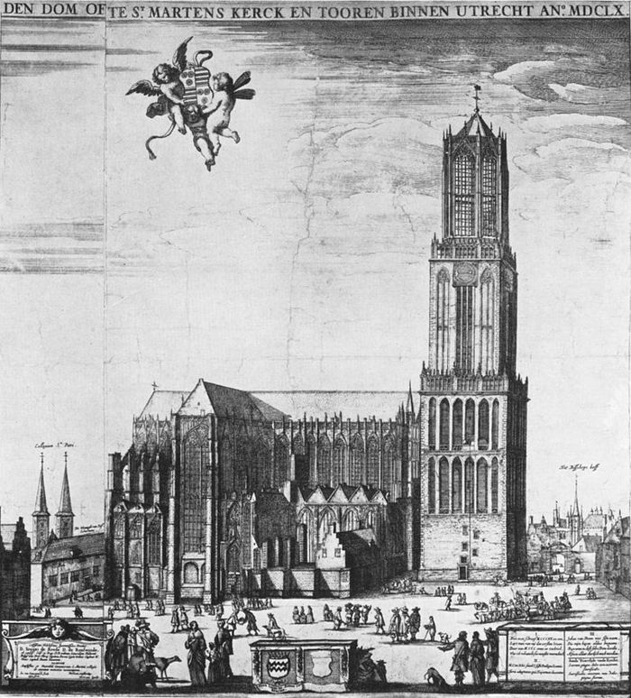 De Domkerk in 1660, voordat het middelste gedeelte als gevolg van een tornado zou instorten (Tekening Steven van Lamsweerde)