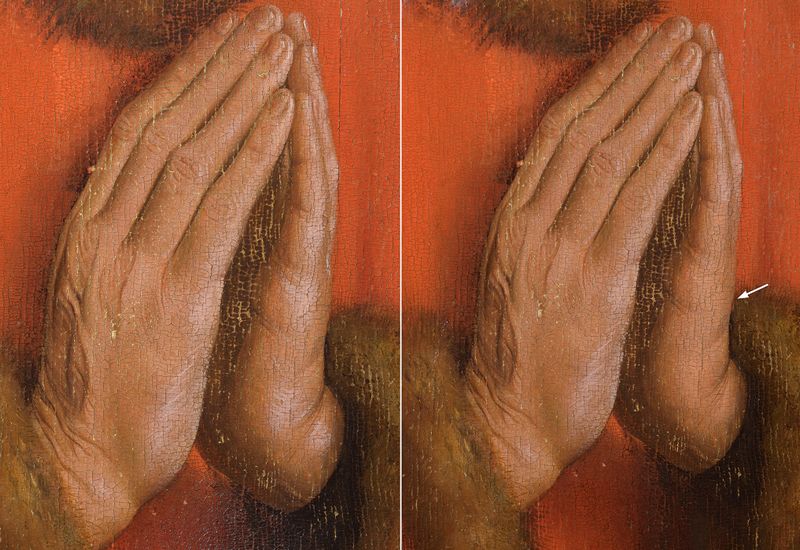 Detail van de handen van schenker Joos Vijd. Links: voor verwijdering van de later toegevoegde lichtaccenten op de handen. Rechts: na verwijdering van de latere lichtaccenten onderaan de linkerhand van de schenker (KIK-IRPA)