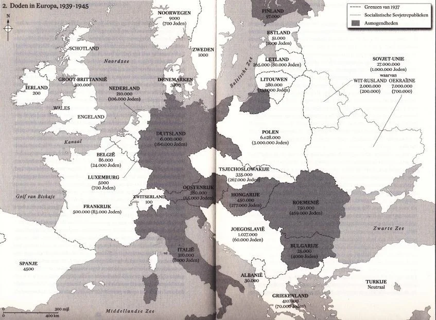 Kaart uit het boek met het aantal oorlogsslachtoffers in Europa.
