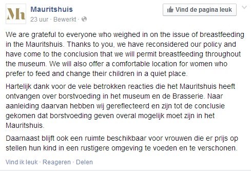 Bericht op Facebook over het borstvoedingsbeleid van het Mauritshuis