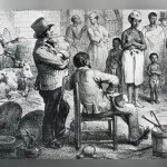 Een slavenmarkt in Suriname. Illustratie P.J. Benoit in 'Voyage à Surinam', 1839