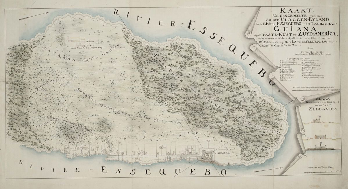Essequebo lag op een eiland in de gelijknamige rivier. Het Fort Zeelandia ligt onder. De 'kley grond' blijkt in de 'reegentijd'zeer swampachtig.