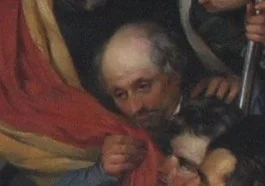 Louis de Potter kust de Belgische vlag. Detail van bovenstaand schilderij.