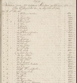 Begin van het overzicht van de 'vendue' van 121 'coppen Slaven' in Essequebo op 19 Augustus 1762.