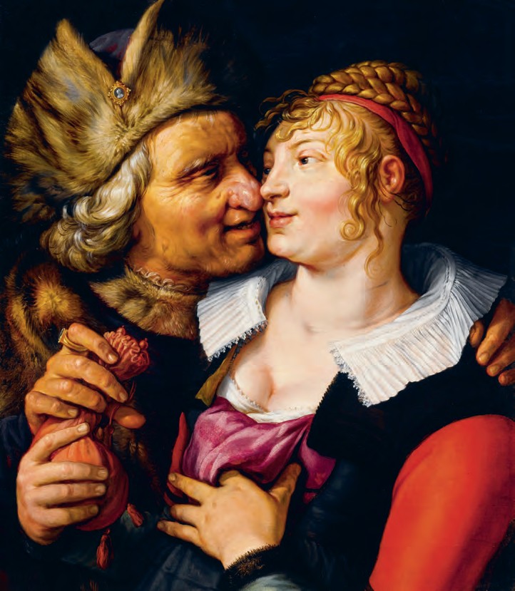 Een rijke oude man, gekleed in kostbaar bont, biedt een jonge vrouw zijn beurs aan in ruil voor intimiteit. Door zijn geld aan te nemen, geeft ze aan dat ze hier wel wat voor voelt. (Hendrick Goltzius, 1615)