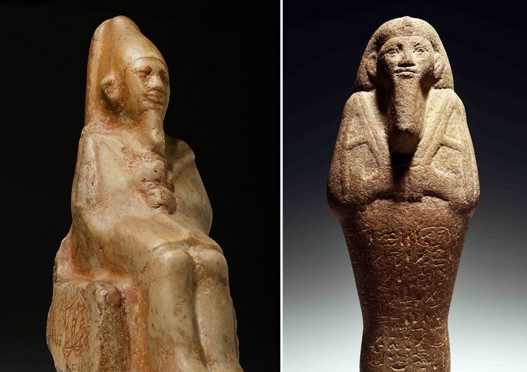 De twee faraobeelden. Links farao Ninetjer en rechts farao Taharka(RMO)