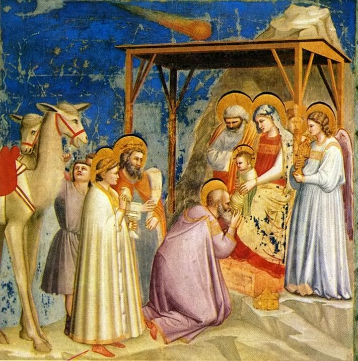 De verering door de drie wijzen met boven Jezus een ster. Het werk is gemaakt door Giotto di Bondone die in 1301 de beroemde Komeet Halley zag,