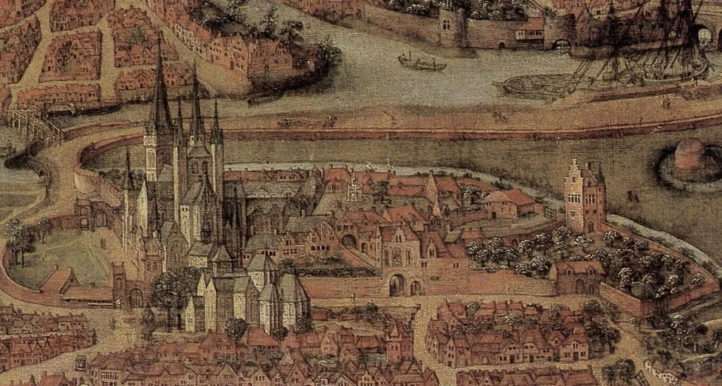 De Sint-Baafsabdij en de nu volledig verdwenen kerk in volle glorie, uitsnede uit kaart van Gent, 1534