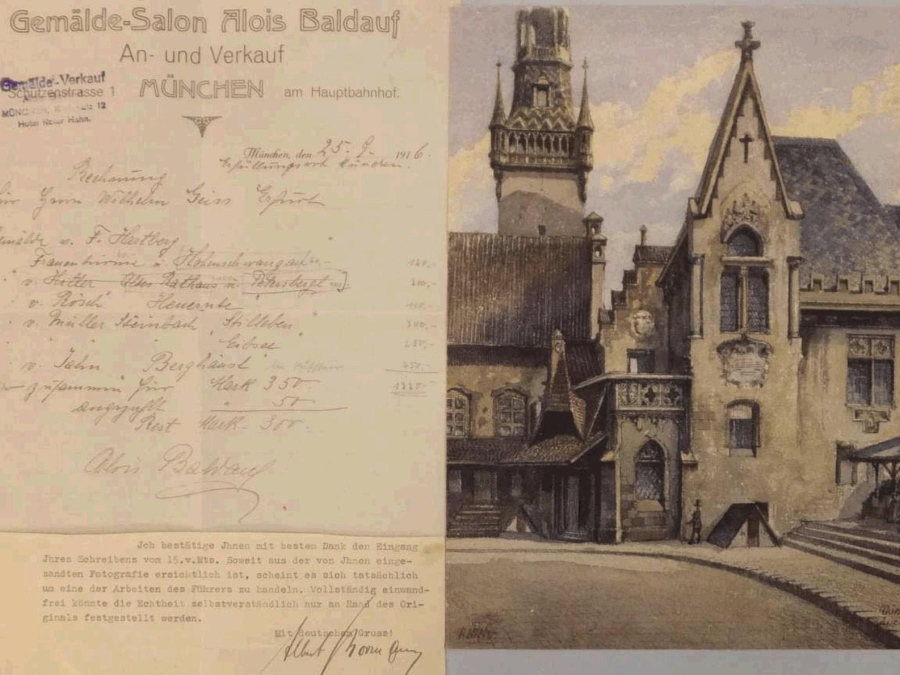 Het aquarel van Hitler met de originele nota (veilinghuis)