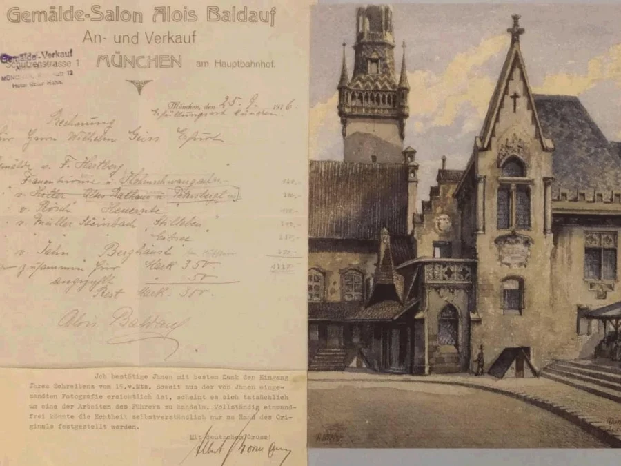 Het aquarel van Hitler met de originele nota (veilinghuis)