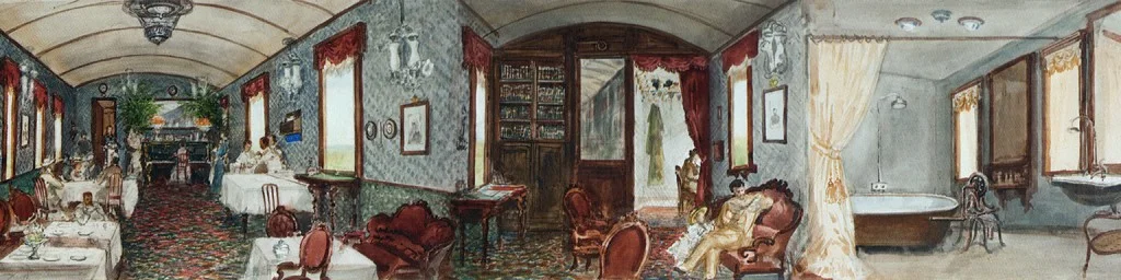 Treininterieur met bibliotheek en badkamer. Detail panorama Pavel Piasetsky (Hermitage)