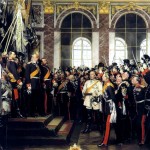 Proclamatie van keizer Wilhelm I (Oprichting van het Duitse Rijk) op 18 januari 1871 met Bismarck als centraal figuur in een wit uniform in de Spiegelzaal van Versailles. - Anton von Werner