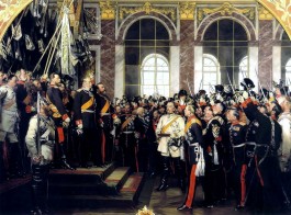 Proclamatie van keizer Wilhelm I (Oprichting van het Duitse Rijk) op 18 januari 1871 met Bismarck als centraal figuur in een wit uniform in de Spiegelzaal van Versailles. - Anton von Werner