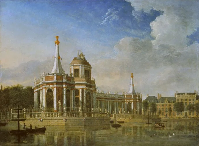 Het ter ere van de Vrede van Aken opgerichte vuurwerkpaviljoen in de Hofvijver (Jan ten Compe, 1749, collectie Haags Historisch Museum)
