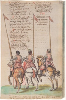 Het Wilhelmus, opgeschreven door de rederijker Willem De Gorter (overl. 1620) uit Mechelen. Hij schreef tal van gedichten op en voorzag ze van tekeningen van krijgsvolk uit die jaren.