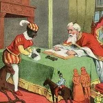 Op deze afbeelding uit 1905 ziet Zwarte Piet er herkenbaar uit als Zwarte Piet, inclusief pietenpak en witte kraag. Maar hij heeft geen baret, maar een plat hoofddeksel, waar dan wel een veer op zit. Zijn lippen zijn rood, maar niet groot, en de gouden oorringen zijn nergens te bekennen. St. Nikolaas en zijn knecht, Jan Schenkman, J. Vlieger, Amsterdam (1905)