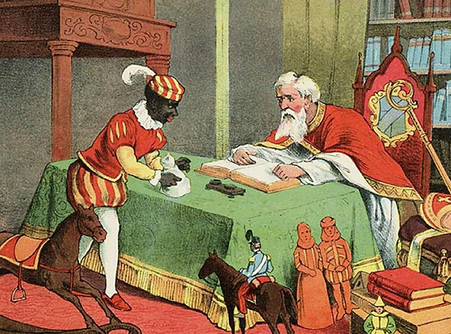 Op deze afbeelding uit 1905 ziet Zwarte Piet er herkenbaar uit als Zwarte Piet, inclusief pietenpak en witte kraag. Maar hij heeft geen baret, maar een plat hoofddeksel, waar dan wel een veer op zit. Zijn lippen zijn rood, maar niet groot, en de gouden oorringen zijn nergens te bekennen. St. Nikolaas en zijn knecht, Jan Schenkman, J. Vlieger, Amsterdam (1905)