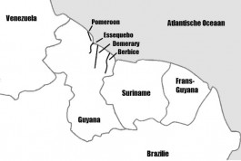 De voormalige Nederlandse kolonies in Guyana. Het Congres van Wenen in 1814, dat van Nederland een met België verenigd Koninkrijk maakte, besloot ook dat de kolonies moesten worden afgestaan aan Engeland. Voor de herkenning zijn de hedendaagse grenzen weergegeven. Kaart in  'Essequebo en Demerary, 1741-1781: beginfase van de Britse overname' (Universiteit Leiden).  