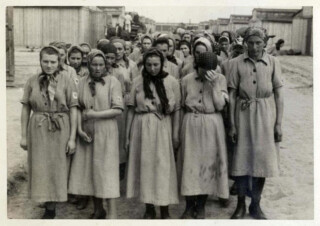 Kaalgeschoren vrouwen na de ontluizing (Auschwitz Album, mei 1944)