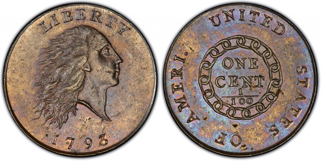 Voor en achterzijde van een chain cent uit 1793