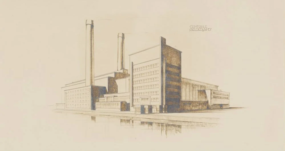 Tekening van de bouw van de Centrale Gelderland, 1932. (Gelders Archief 0039-12874-0001)