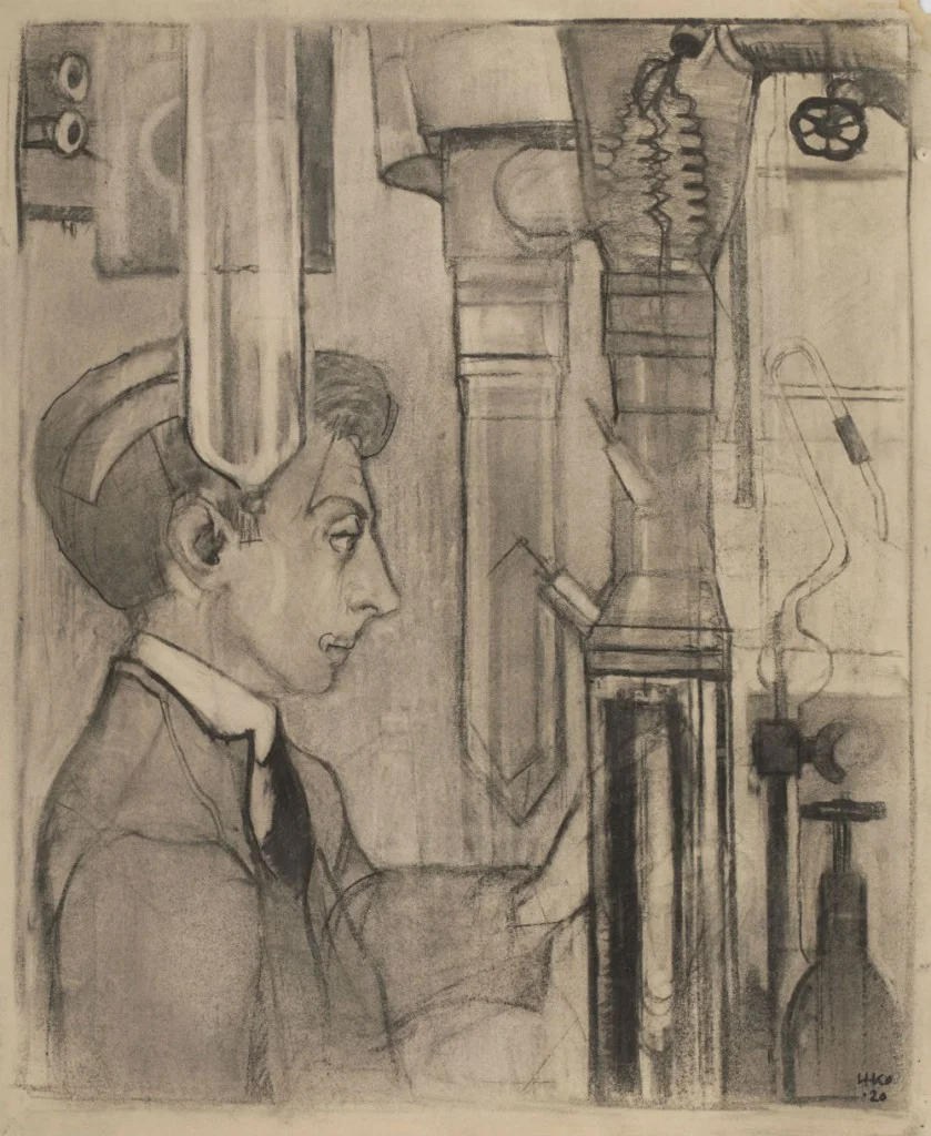 Laboratoriummedewerker bij heliumliquefactor, krijttekening 1920 door Harm Kamerlingh Onnes (Boerhaave)