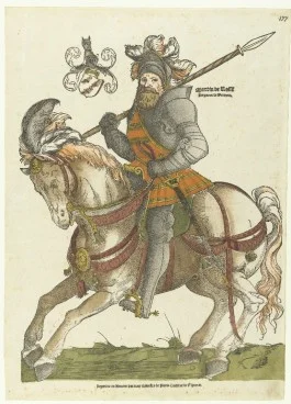 Portret van Maarten van Rossum te paard. Ets van Cornelis Anthonisz., ca. 1540. Collectie Rijksmuseum.