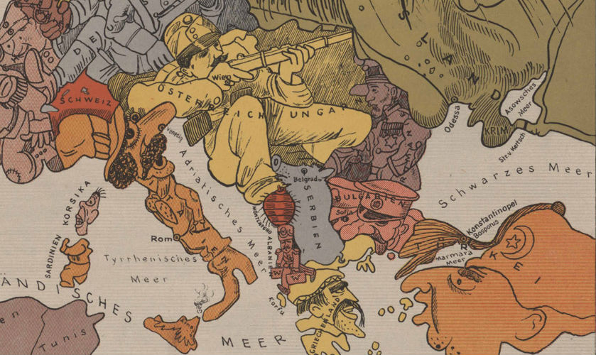 Servië te midden van onder meer Oostenrijk-Hongarije, Bulgarije, Roemenië en Rusland op een oude WOI-kaart