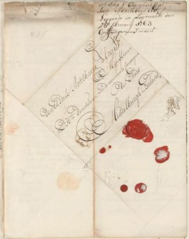 De gezegelde brief die kapitein Menkenveldt op 26 februari 1763 naar zijn directeuren in Middelburg stuurde.