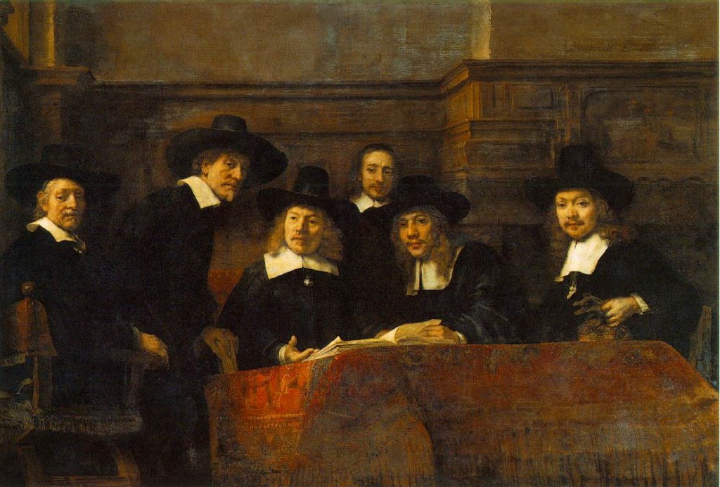 De waardijns van het Amsterdamse lakenbereidersgilde, bekend als ‘De staalmeesters’, Rembrandt Harmensz. van Rijn, 1662 (Rijksmuseum)