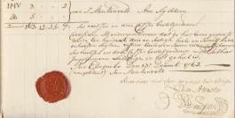 Op 13 december 1763 door kapitein Menkenveld getekend en gezegeld document van een deel van de retournlading die werd gekocht van de opbrengst van de verkochte slaven.